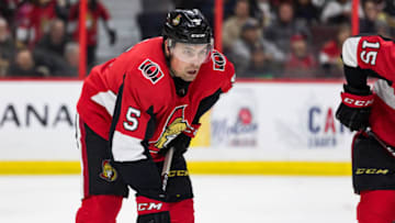 OTTAWA, ON - JANUARY 22: Ottawa Senators Defenceman Cody Ceci (5) prepares for a face-off during third period National Hockey League action between the Arizona Coyotes and Ottawa Senators on January 22, 2019, at Canadian Tire Centre in Ottawa, ON, Canada. (Photo by Richard A. Whittaker/Icon Sportswire via Getty Images)