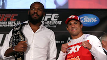 TORONTO, CANADA - SEPTEMBER 20: (L-R) Opponents Jon "Bones" Jones and Vitor Belfort pose for photos during the UFC 152 pre-fight press conference at Real Sports Bar and Grill on September 20, 2012 in Toronto, Ontario, Canada. (Photo by Josh Hedges/Zuffa LLC/Zuffa LLC via Getty Images)