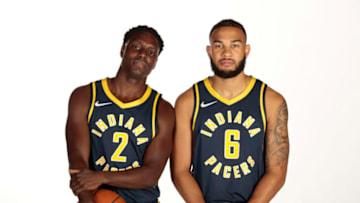 INDIANAPOLIS - SEPTEMBER 24: Darren Collison #2 and Cory Joseph #6 of the Indiana Pacers pose for a head shot during the Pacers Media Day on September 24, 2018 in Indianapolis, Indiana. 2018 NBAE (Photo by Ron Hoskins/NBAE via Getty Images)