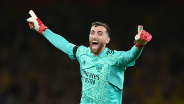 LONDON, ENGLAND - OCTOBER 06: Matt Turner celebrates after Rob Holding of Arsenal (not pictured) scored their sides second goal during the UEFA Europa League group A match between Arsenal FC and FK Bodo/Glimt at Emirates Stadium on October 06, 2022 in London, England. (Photo by Shaun Botterill/Getty Images)