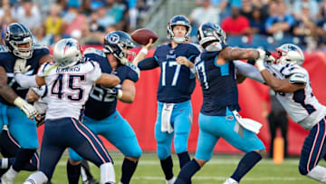 NASHVILLE, TN - AUGUST 17: Ryan Tannehill #17 of the Tennessee Titans throws a pass during a week two preseason game against the New England Patriots at Nissan Stadium on August 17, 2019 in Nashville, Tennessee. (Photo by Wesley Hitt/Getty Images)