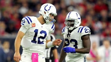 Oct 16, 2016; Houston, TX, USA; Indianapolis Colts quarterback Andrew Luck (12) talks with Indianapolis Colts running back Frank Gore (23) against the Houston Texans during the third quarter at NRG Stadium. Mandatory Credit: Erik Williams-USA TODAY Sports