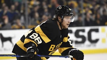Nov 25, 2016; Boston, MA, USA; Boston Bruins right wing David Pastrnak (88) follows the play during the third period against the Calgary Flames at TD Garden. Mandatory Credit: Bob DeChiara-USA TODAY Sports