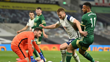 LONDON, ENGLAND - MAY 02: Hugo Lloris (L) and Eric Dier of Tottenham Hotspur battle for possession with Lys Mousset of Sheffield United during the Premier League match between Tottenham Hotspur and Sheffield United at Tottenham Hotspur Stadium on May 02, 2021 in London, England. Sporting stadiums around the UK remain under strict restrictions due to the Coronavirus Pandemic as Government social distancing laws prohibit fans inside venues resulting in games being played behind closed doors. (Photo by Justin Setterfield/Getty Images)
