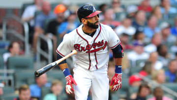 ATLANTA, GA - MAY 4: Jose Bautista #23 of the Atlanta Braves hits a first inning double against the San Francisco Giants at SunTrust Park on May 4, 2018 in Atlanta, Georgia. (Photo by Scott Cunningham/Getty Images)