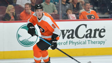 PHILADELPHIA, PA - OCTOBER 09: Ivan Provorov #9 of the Philadelphia Flyers skates against the San Jose Sharks at the Wells Fargo Center on October 9, 2018 in Philadelphia, Pennsylvania. (Photo by Drew Hallowell/Getty Images)