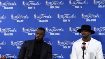 Jun 4, 2015; Oakland, CA, USA; Cleveland Cavaliers forward LeBron James (23) and center Tristan Thompson (13) speaks the media after game one of the NBA Finals against the Golden State Warriors at Oracle Arena. Mandatory Credit: Kyle Terada-USA TODAY Sports