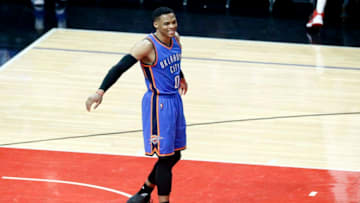 LOS ANGELES, CA - JANUARY 16: Russell Westbrook #0 of the Oklahoma City Thunder looks on during the game against the LA Clippers on January 16, 2017 at the STAPLES Center in Los Angeles, California. NOTE TO USER: User expressly acknowledges and agrees that, by downloading and/or using this photograph, user is consenting to the terms and conditions of the Getty Images License Agreement. Mandatory Copyright Notice: Copyright 2017 NBAE (Photo by Chris Elise/NBAE via Getty Images)