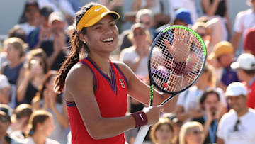 NEW YORK, NEW YORK - SEPTEMBER 04: Emma Raducanu of the United Kingdom celebrates after defeating Sara Sorribes Tormo of Spain during her Women's Singles third round match on Day Six of the 2021 US Open at the USTA Billie Jean King National Tennis Center on September 04, 2021 in the Flushing neighborhood of the Queens borough of New York City. (Photo by Elsa/Getty Images)