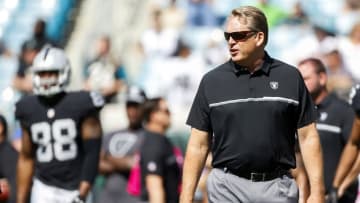 Oct 23, 2016; Jacksonville, FL, USA; Oakland Raiders head coach Jack Del Rio looks on during warm ups prior to a game against the Jacksonville Jaguars at EverBank Field. Mandatory Credit: Logan Bowles-USA TODAY Sports