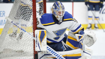 St. Louis Blues goaltender Jordan Binnington (50)Mandatory Credit: Darren Yamashita-USA TODAY Sports