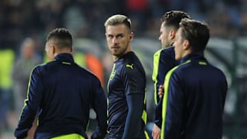 SOFIA, BULGARIA - NOVEMBER 01: Aaron Ramsey of Arsenal warms up before the UEFA Champions League match between PFC Ludogorets Razgrad and Arsenal FC at Vasil Levski National Stadium on November 1, 2016 in Sofia, . (Photo by David Price/Arsenal FC via Getty Images)