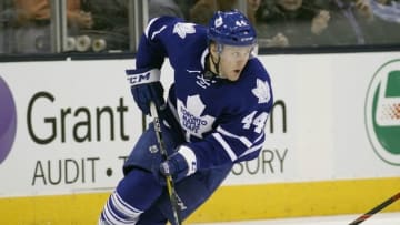 Mar 19, 2016; Toronto, Ontario, CAN; Toronto Maple Leafs defenceman Morgan Rielly (44) carries the puck against the Buffalo Sabres at the Air Canada Centre. Toronto defeated Buffalo 4-1. Mandatory Credit: John E. Sokolowski-USA TODAY Sports