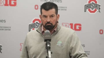Dec 3, 2023; Columbus, Ohio, USA; Ohio State University footbal coach Ryan Day looks dejected as he describes getting shut out of the CFP and going to the Cotton Bowl to face Missouri.