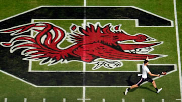 COLUMBIA, SC - OCTOBER 7: Punter Joseph Charlton #20 of the South Carolina Gamecocks practices before the start of their game against the Arkansas Razorbacks at Williams-Brice Stadium on October 7, 2017 in Columbia, South Carolina. (Photo by Todd Bennett/GettyImages)