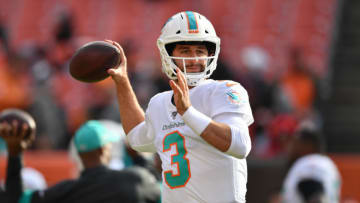 CLEVELAND, OH - NOVEMBER 24: Quarterback Josh Rosen #3 of the Miami Dolphins warms up before a game against the Cleveland Browns at FirstEnergy Stadium on November 24, 2019 in Cleveland, Ohio. (Photo by Jamie Sabau/Getty Images)