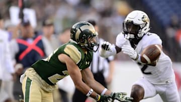 Sep 19, 2015; Denver, CO, USA; Colorado Buffaloes defensive back Ken Crawley (2) prepares to break up a pass intended for Colorado State Rams wide receiver Joe Hansley (25) in the first quarter at Sports Authority Field at Mile High. Mandatory Credit: Ron Chenoy-USA TODAY Sports