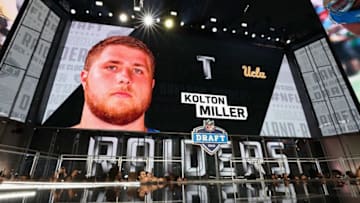 ARLINGTON, TX - APRIL 26: A video board displays an image of Kolton Miller of UCLA after he was picked #15 overall by the Oakland Raiders during the first round of the 2018 NFL Draft at AT&T Stadium on April 26, 2018 in Arlington, Texas. (Photo by Ronald Martinez/Getty Images)
