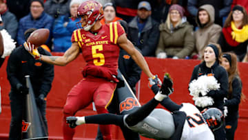 AMES, IA - NOVEMBER 11: Wide receiver Allen Lazard #5 of the Iowa State Cyclones pulls in a touchdown pass as safety Darius Curry #2 of the Oklahoma State Cowboys blocks in the second half of play at Jack Trice Stadium on November 11, 2017 in Ames, Iowa. The Oklahoma State Cowboys won 49-42 over the Iowa State Cyclones. (Photo by David Purdy/Getty Images)