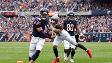 CHICAGO, IL - SEPTEMBER 30: Quarterback Mitchell Trubisky #10 of the Chicago Bears runs the football just short of the goal line in the second quarter against the Tampa Bay Buccaneers at Soldier Field on September 30, 2018 in Chicago, Illinois. (Photo by Joe Robbins/Getty Images)