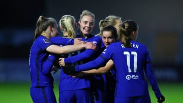BOREHAMWOOD, ENGLAND - NOVEMBER 15: Pernille Harder of Chelsea celebrates with teammates after Lotte Wubben-Moy of Arsenal (not pictured) scored an own goal which lead to the first goal for Chelsea during the Barclays FA Women's Super League match between Arsenal Women and Chelsea Women at Meadow Park on November 15, 2020 in Borehamwood, England. Sporting stadiums around the UK remain under strict restrictions due to the Coronavirus Pandemic as Government social distancing laws prohibit fans inside venues resulting in games being played behind closed doors. (Photo by Catherine Ivill/Getty Images)