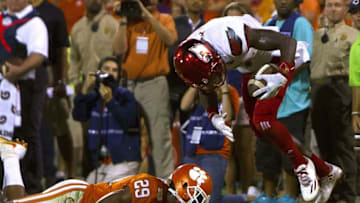 Oct 1, 2016; Clemson, SC, USA; Clemson Tigers cornerback Marcus Edmond (29) knocks Louisville Cardinals wide receiver James Quick (17) out of bounds on fourth down during the fourth quarter at Clemson Memorial Stadium. Clemson won 42-36. Mandatory Credit: Joshua S. Kelly-USA TODAY Sports