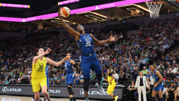 MINNEAPOLIS, MN - JUNE 26: Minnesota Lynx Center Sylvia Fowles (34) pulls in a rebound during a WNBA game between the Minnesota Lynx and Seattle Storm on June 26, 2018 at Target Center in Minneapolis, MN. The Lynx defeated the Storm 91-79.(Photo by Nick Wosika/Icon Sportswire via Getty Images)