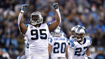 Jan 24, 2016; Charlotte, NC, USA; Carolina Panthers defensive end Charles Johnson (95) reacts after a play during the first quarter in the NFC Championship football game at Bank of America Stadium. Mandatory Credit: Bob Donnan-USA TODAY Sports