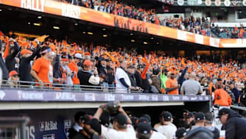 Oct 11, 2016; San Francisco, CA, USA; San Francisco Giants fans cheer before game four of the 2016 NLDS playoff baseball game against the Chicago Cubs at AT&T Park. Mandatory Credit: John Hefti-USA TODAY Sports