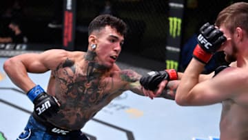 LAS VEGAS, NEVADA - OCTOBER 31: In this handout image provided by UFC, (L-R) Andre Fili punches Bryce Mitchell in a featherweight bout during the UFC Fight Night event at UFC APEX on October 31, 2020 in Las Vegas, Nevada. (Photo by Jeff Bottari/Zuffa LLC via Getty Images)