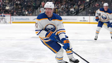 COLUMBUS, OHIO - OCTOBER 04: Victor Olofsson #71 of the Buffalo Sabres skates with the puck during the first period in a preseason game against the Columbus Blue Jackets at Nationwide Arena on October 04, 2023 in Columbus, Ohio. (Photo by Jason Mowry/Getty Images)