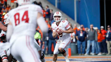 CHAMPAIGN, IL - OCTOBER 19: Jack Coan #17 of the Wisconsin Badgers looks to pass the ball during a game against the Illinois Fighting Illini at Memorial Stadium on October 19, 2019 in Champaign, Illinois. Illinois defeated Wisconsin 24-23. (Photo by Joe Robbins/Getty Images)