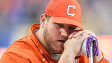 Clemson offensive lineman Matt Bockhorst (65) sits on the sidelines injured during the fourth quarter at Heinz Field in Pittsburgh, Pennsylvania, Saturday, October 23, 2021.Ncaa Football Clemson At Pitt