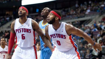 Feb 8, 2014; Auburn Hills, MI, USA; Detroit Pistons center Andre Drummond (0) and small forward Josh Smith (6) during the third quarter against the Denver Nuggets at The Palace of Auburn Hills. Pistons won 126-109. Mandatory Credit: Tim Fuller-USA TODAY Sports