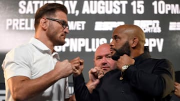 LAS VEGAS, NEVADA - AUGUST 13: (L-R) Opponents Stipe Miocic and Daniel Cormier face off during the UFC 252 press conference at UFC APEX on August 13, 2020 in Las Vegas, Nevada. (Photo by Chris Unger/Zuffa LLC)