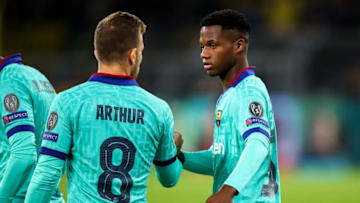 Arthur of FC Barcelona and Ansu Fati of FC Barcelona (Photo by Robbie Jay Barratt - AMA/Getty Images)
