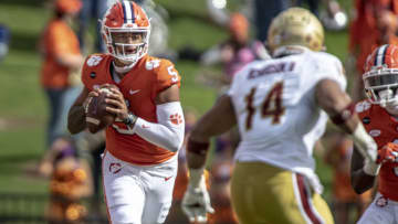 Oct 31, 2020; Clemson, SC, USA; Clemson quarterback D.J. Uiagalelei (5) passes the ball during the first quarter of the game against Boston College at Memorial Stadium. Mandatory Credit: Josh Morgan-USA TODAY Sports