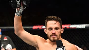 LINCOLN, NE - AUGUST 25: Jake Ellenberger announces his retirement after his TKO loss to Bryan Barberena in their welterweight fight during the UFC Fight Night event at Pinnacle Bank Arena on August 25, 2018 in Lincoln, Nebraska. (Photo by Josh Hedges/Zuffa LLC/Zuffa LLC via Getty Images)