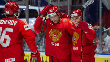 BRATISLAVA, SLOVAKIA - MAY 13: #97 Nikita Gusev (RUS) celebrates his goal during the 2019 IIHF Ice Hockey World Championship Slovakia group game between Russia and Czech Republic at Ondrej Nepela Arena on May 13, 2019 in Bratislava, Slovakia. (Photo by RvS.Media/Robert Hradil/Getty Images)