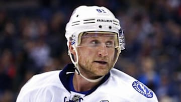 Mar 13, 2016; Columbus, OH, USA; Tampa Bay Lightning center Steven Stamkos (91) against the Columbus Blue Jackets at Nationwide Arena. The Lightning won 4-0. Mandatory Credit: Aaron Doster-USA TODAY Sports