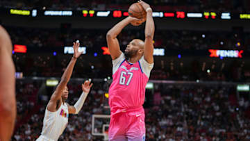 MIAMI, FLORIDA - NOVEMBER 23: Taj Gibson #67 of the Washington Wizards attempts a shot during the second half against the Miami Heat at FTX Arena on November 23, 2022 in Miami, Florida. NOTE TO USER: User expressly acknowledges and agrees that,  by downloading and or using this photograph,  User is consenting to the terms and conditions of the Getty Images License Agreement. (Photo by Eric Espada/Getty Images)