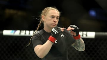 ANAHEIM, CALIFORNIA - JANUARY 22: Kay Hansen fights against Jasmine Jasudavicius of Canada in their flyweight fight during the UFC 270 event at Honda Center on January 22, 2022 in Anaheim, California. (Photo by Katelyn Mulcahy/Getty Images)