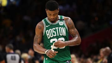 CLEVELAND, OH - MAY 21: Marcus Smart #36 of the Boston Celtics walks off the court after being defeated by the Cleveland Cavaliers during Game Four of the 2018 NBA Eastern Conference Finals at Quicken Loans Arena on May 21, 2018 in Cleveland, Ohio. NOTE TO USER: User expressly acknowledges and agrees that, by downloading and or using this photograph, User is consenting to the terms and conditions of the Getty Images License Agreement. (Photo by Gregory Shamus/Getty Images)