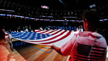 Apr 10, 2016; Denver, CO, USA; A general view of the American Flag being displayed prior to the game between the Denver Nuggets and the Utah Jazz at the Pepsi Center. Mandatory Credit: Isaiah J. Downing-USA TODAY Sports