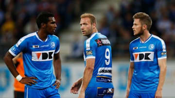 GENT, BELGIUM - JULY 31: (L-R) Renato Cardoso Neto, Laurent Depoitre and Lasse Nielsen of Gent looks on during the Jupiler League match between KAA Gent and KRC Genk held at the Ghelamco Arena on July 31, 2015 in Gent, Belgium. (Photo by Dean Mouhtaropoulos/Getty Images)