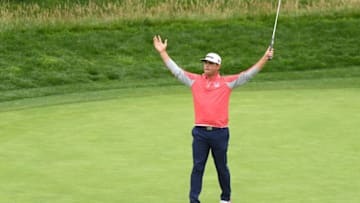 PEBBLE BEACH, CALIFORNIA - JUNE 16: Gary Woodland of the United States celebrates on the 18th green after winning the 2019 U.S. Open at Pebble Beach Golf Links on June 16, 2019 in Pebble Beach, California. (Photo by Harry How/Getty Images)