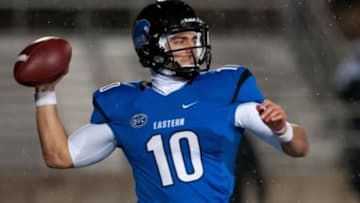 Dec 13, 2013; Charleston, IL, USA; Eastern Illinois Panthers quarterback Jimmy Garoppolo (10) throws the ball during the fourth quarter against the Towson Tigers at O