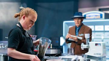 Contestant Tiffani Faison and Floor Commentator Simon Majumdar during the Final 8, as seen on Tournament of Champions, Season 3. Photo provided by Food Network