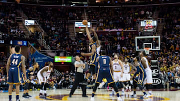 CLEVELAND, OH - APRIL 2: Myles Turner #33 of the Indiana Pacers and Tristan Thompson #13 of the Cleveland Cavaliers jump for the tip-off at the beginning of the double overtime period at Quicken Loans Arena on April 2, 2017 in Cleveland, Ohio. The Cavaliers defeated the Pacers 135-130 in double overtime. NOTE TO USER: User expressly acknowledges and agrees that, by downloading and/or using this photograph, user is consenting to the terms and conditions of the Getty Images License Agreement. (Photo by Jason Miller/Getty Images)