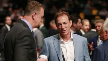 NASHVILLE, TENNESSEE - JUNE 29: Rob Blake of the Los Angeles Kings and Joe Sakic of the Colorado Avalanche talk on the draft floor during the 2023 Upper Deck NHL Draft - Rounds 2-7 at Bridgestone Arena on June 29, 2023 in Nashville, Tennessee. (Photo by Jeff Vinnick/NHLI via Getty Images)